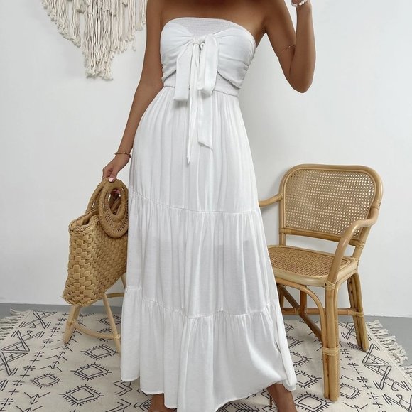 White Preppy Womens Tie Front Shirred Ruffle Hem Tube Dress - Picture 4 of 5